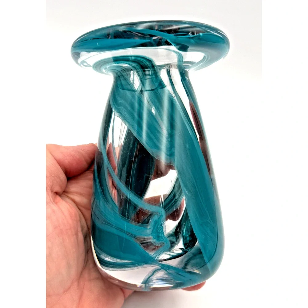 Vintage Hand Blown Studio Art Glass Swirl Bud Vase Teal Blue Heavy Flared Rim